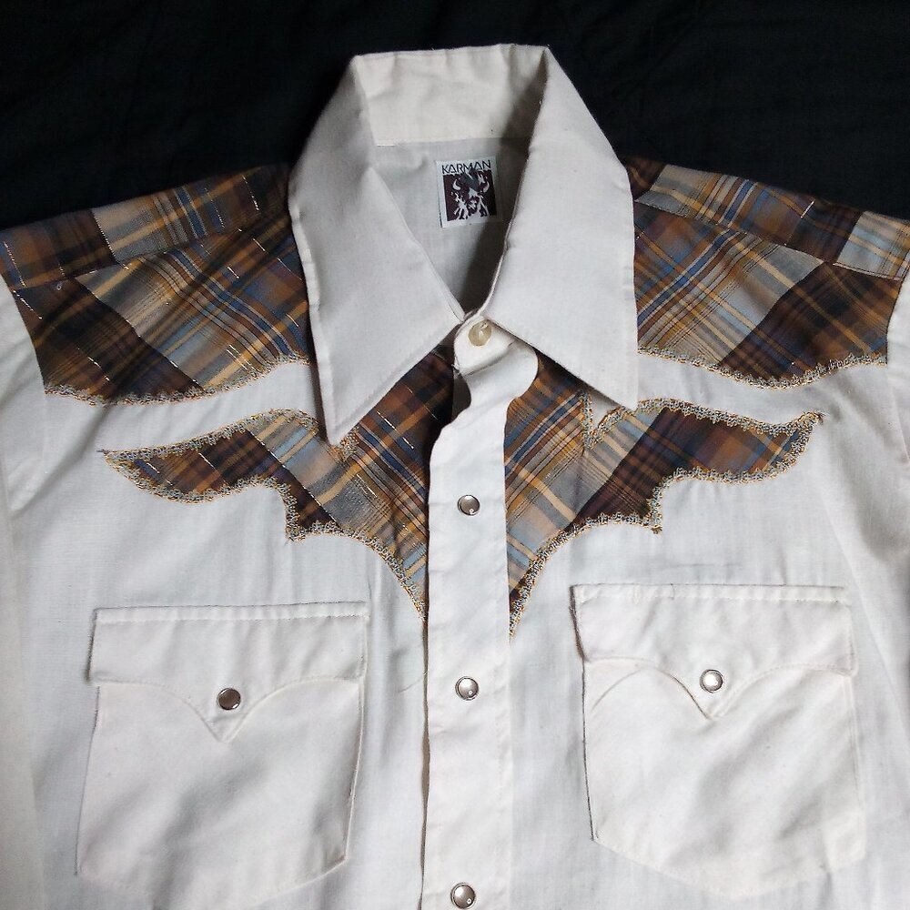 Vintage Karman Plaid Trim Western Button Shirt